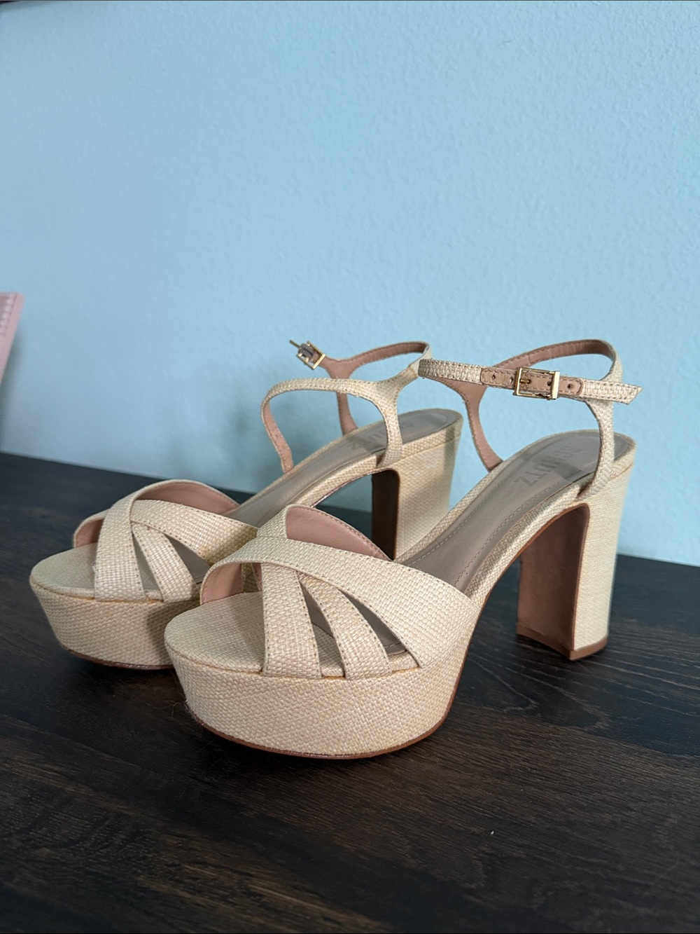 SCHUTZ Cream Textured Platform Sandals with Ankle Strap